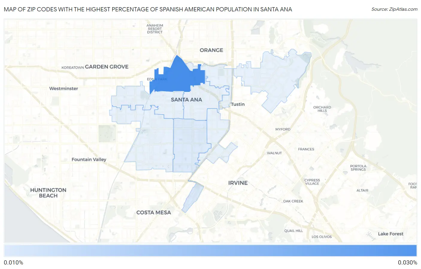 Zip Codes with the Highest Percentage of Spanish American Population in Santa Ana Map