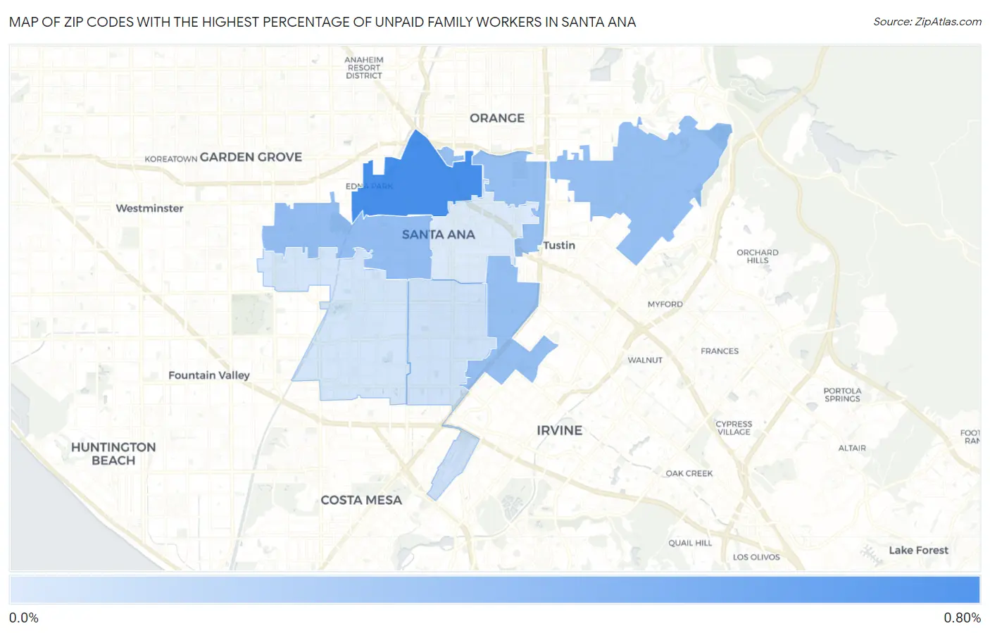 Zip Codes with the Highest Percentage of Unpaid Family Workers in Santa Ana Map