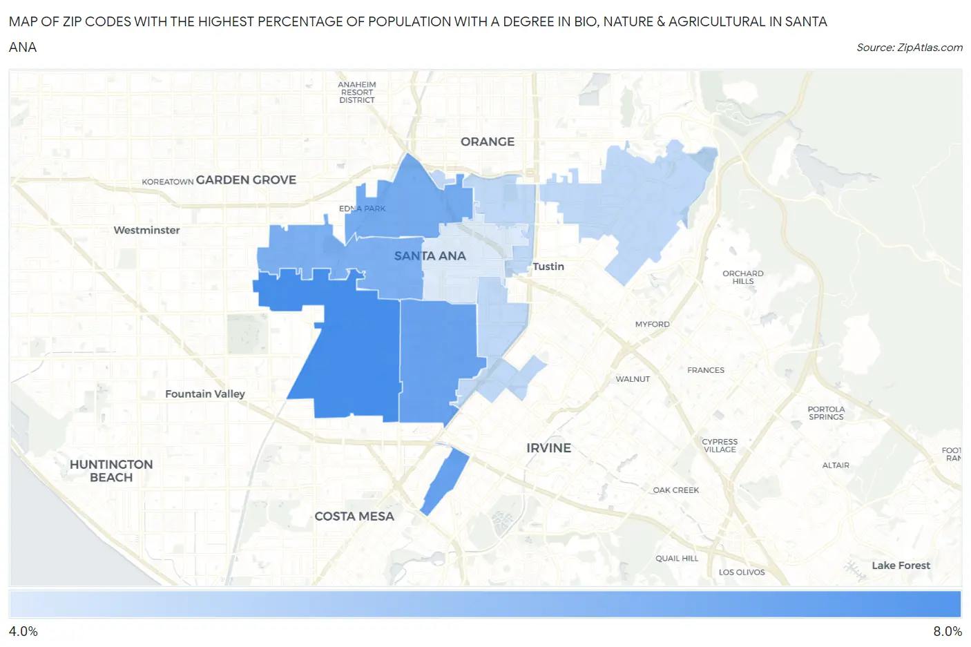 Zip Codes with the Highest Percentage of Population with a Degree in Bio, Nature & Agricultural in Santa Ana Map