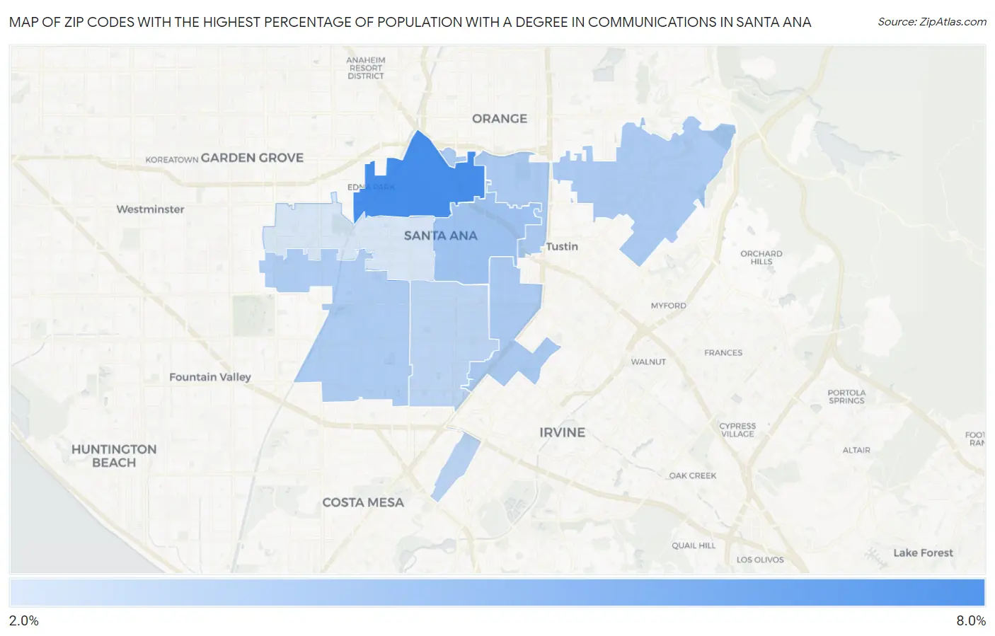 Zip Codes with the Highest Percentage of Population with a Degree in Communications in Santa Ana Map