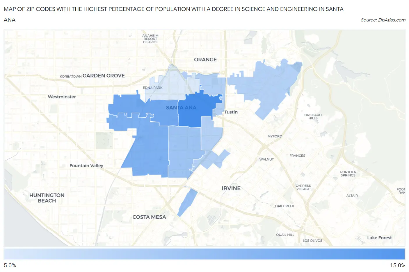 Zip Codes with the Highest Percentage of Population with a Degree in Science and Engineering in Santa Ana Map