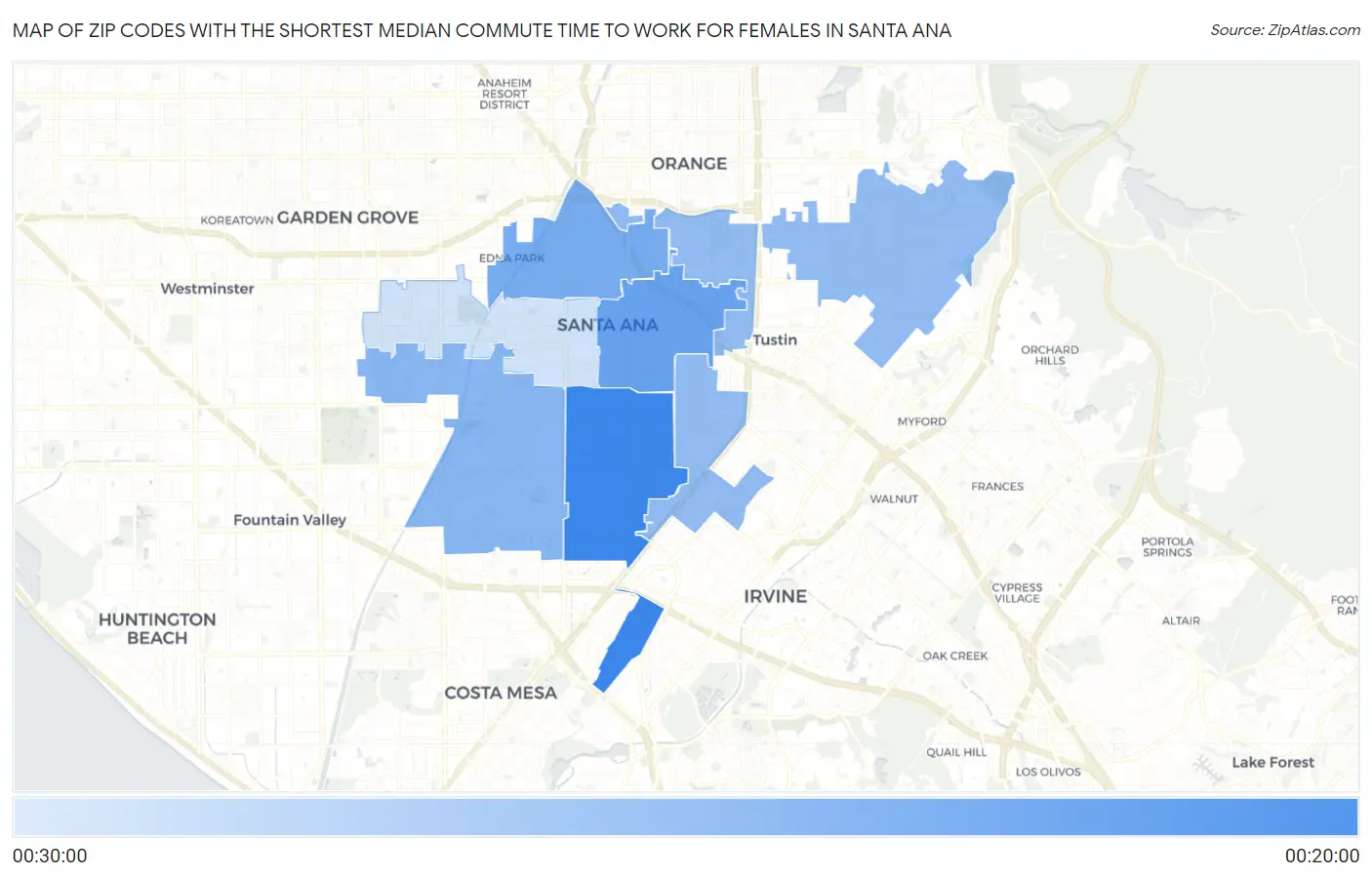 Zip Codes with the Shortest Median Commute Time to Work for Females in Santa Ana Map