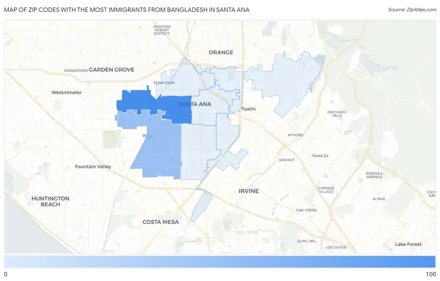 Zip Codes with the Most Immigrants from Bangladesh in Santa Ana Map