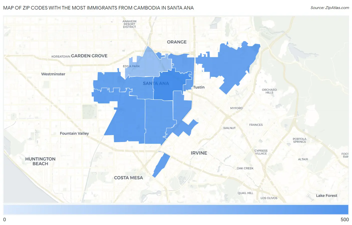 Zip Codes with the Most Immigrants from Cambodia in Santa Ana Map
