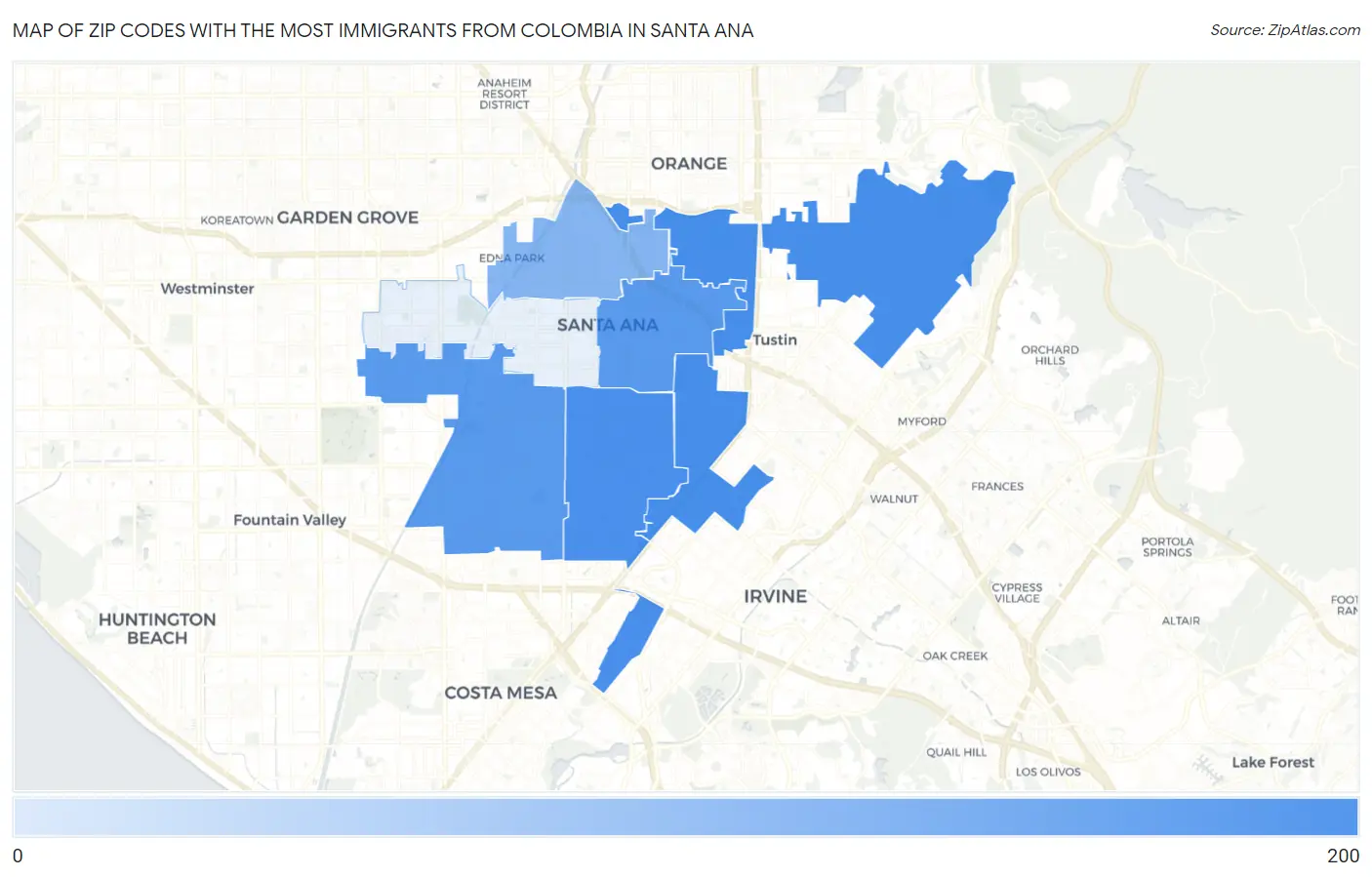 Zip Codes with the Most Immigrants from Colombia in Santa Ana Map