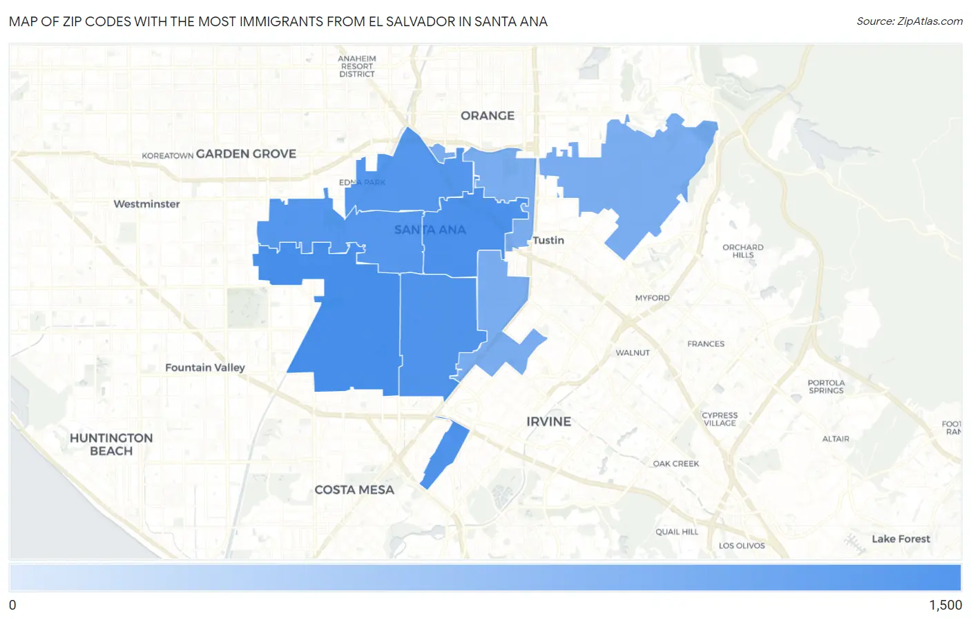 Zip Codes with the Most Immigrants from El Salvador in Santa Ana Map