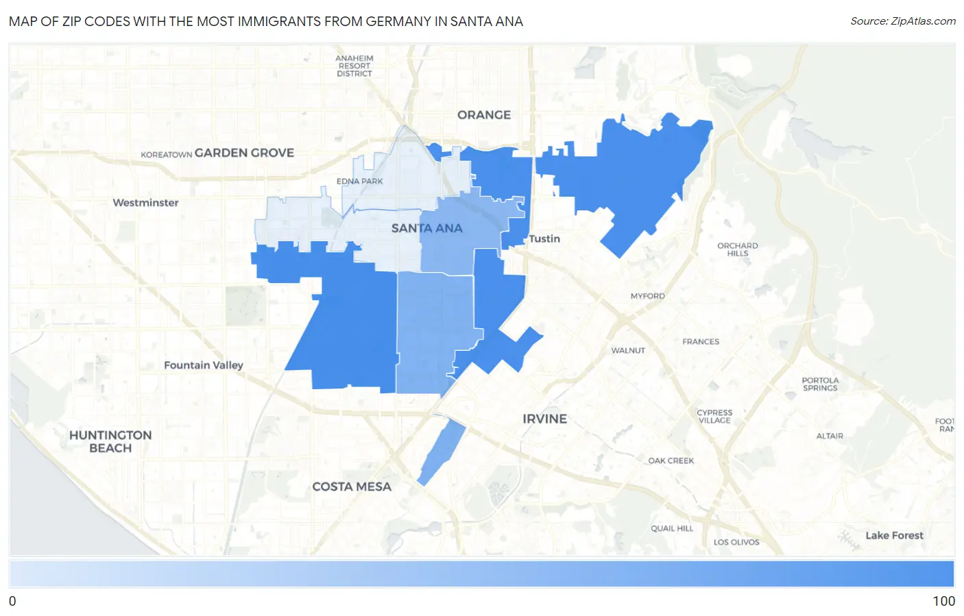 Zip Codes with the Most Immigrants from Germany in Santa Ana Map