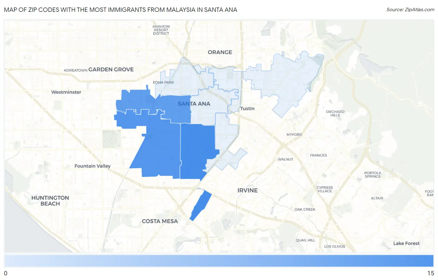Zip Codes with the Most Immigrants from Malaysia in Santa Ana Map