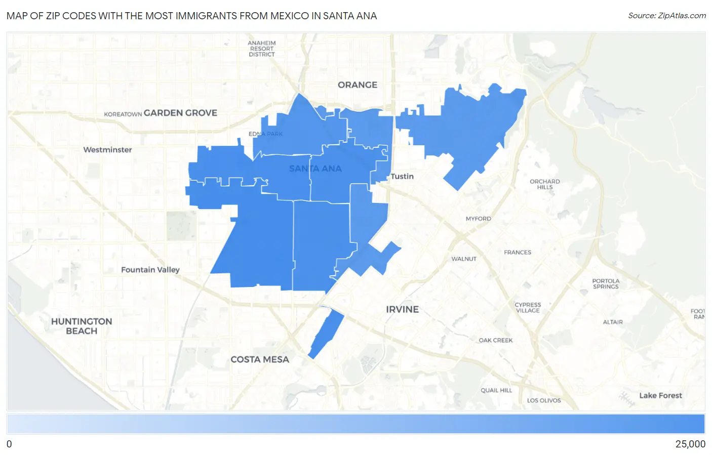 Zip Codes with the Most Immigrants from Mexico in Santa Ana Map