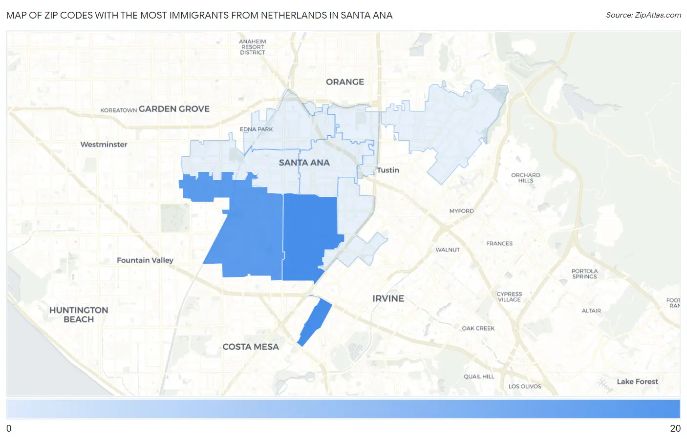 Zip Codes with the Most Immigrants from Netherlands in Santa Ana Map