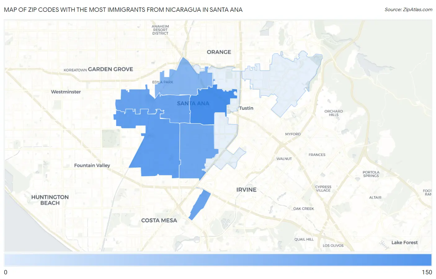 Zip Codes with the Most Immigrants from Nicaragua in Santa Ana Map