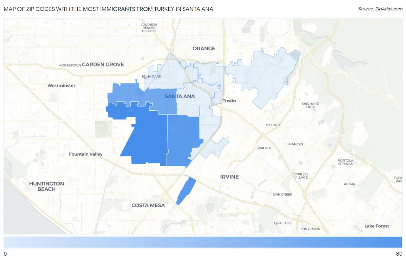Zip Codes with the Most Immigrants from Turkey in Santa Ana Map