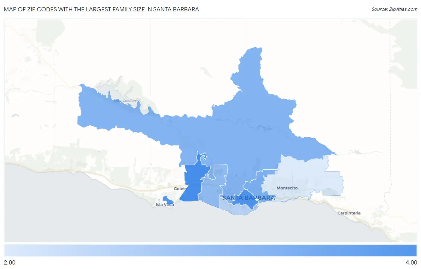 Zip Codes with the Largest Family Size in Santa Barbara Map