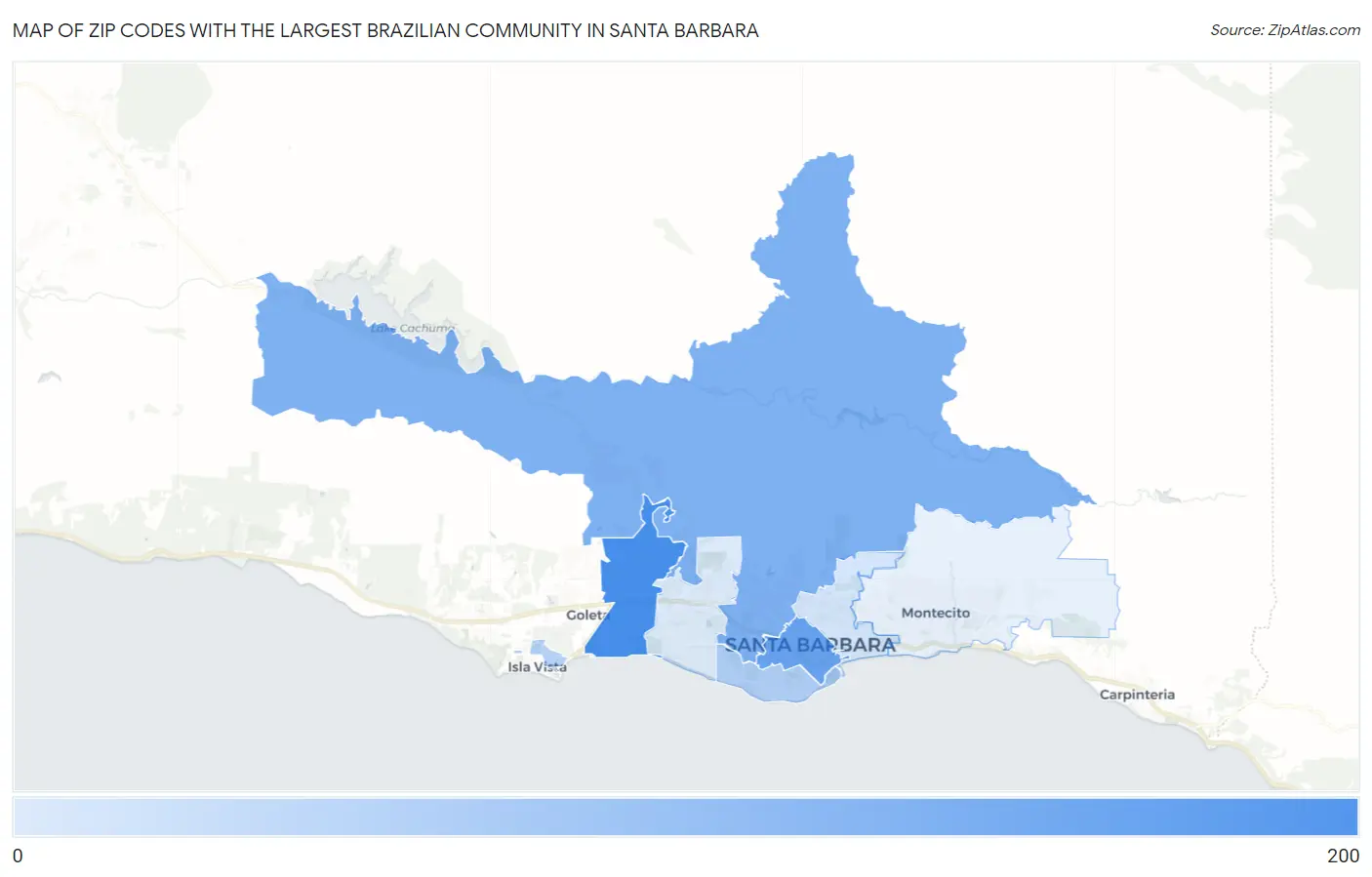 Zip Codes with the Largest Brazilian Community in Santa Barbara Map