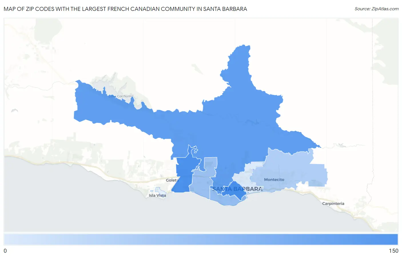 Zip Codes with the Largest French Canadian Community in Santa Barbara Map