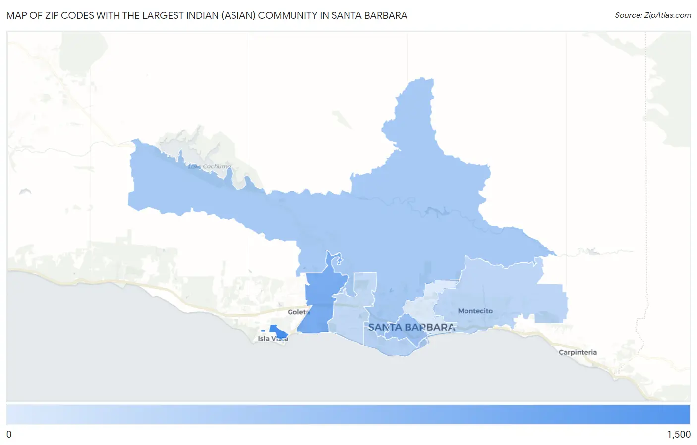 Zip Codes with the Largest Indian (Asian) Community in Santa Barbara Map
