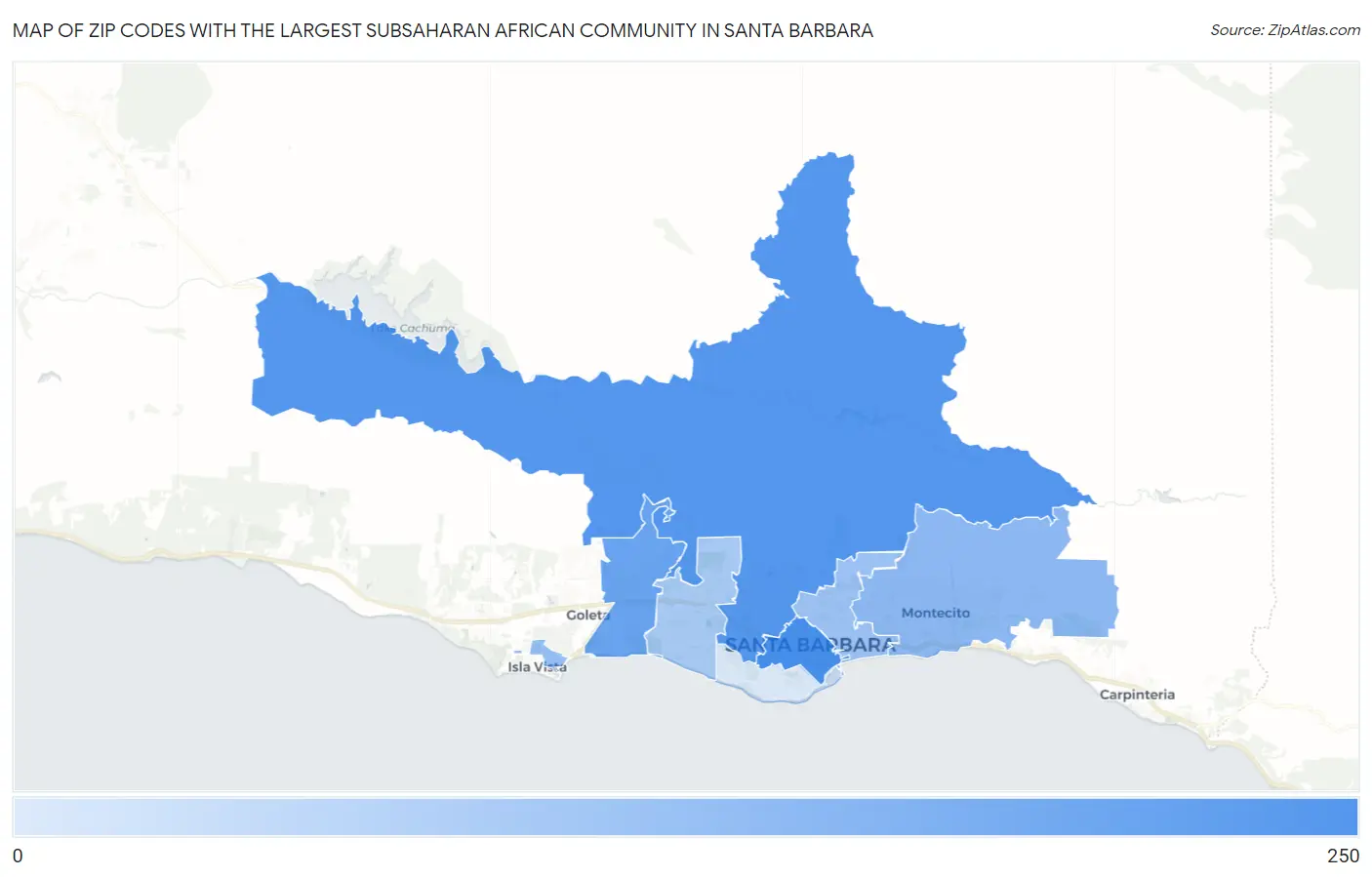 Zip Codes with the Largest Subsaharan African Community in Santa Barbara Map