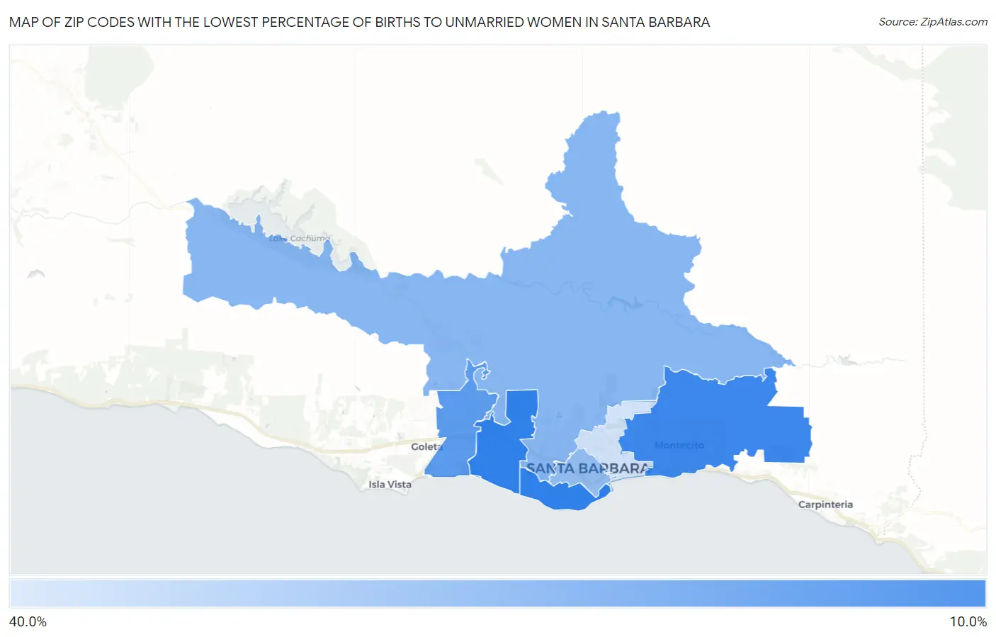 Zip Codes with the Lowest Percentage of Births to Unmarried Women in Santa Barbara Map