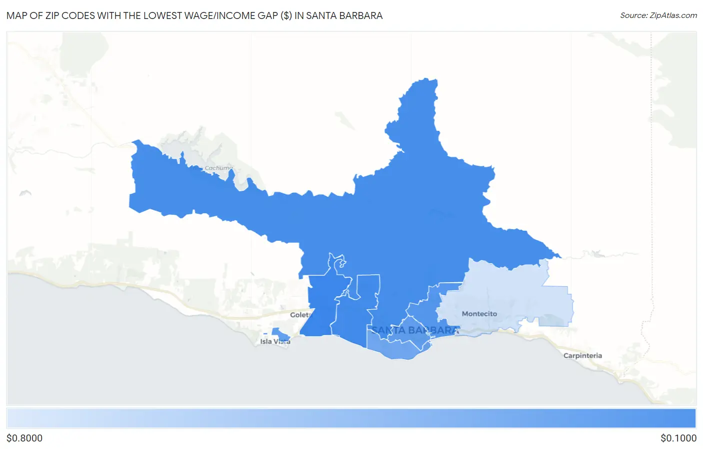 Zip Codes with the Lowest Wage/Income Gap ($) in Santa Barbara Map