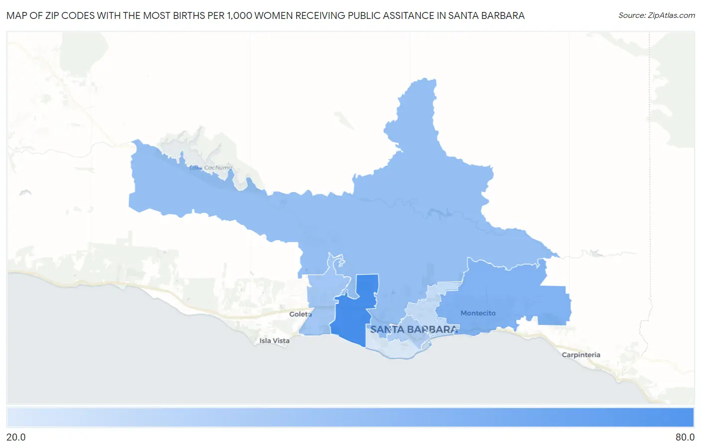 Zip Codes with the Most Births per 1,000 Women Receiving Public Assitance in Santa Barbara Map