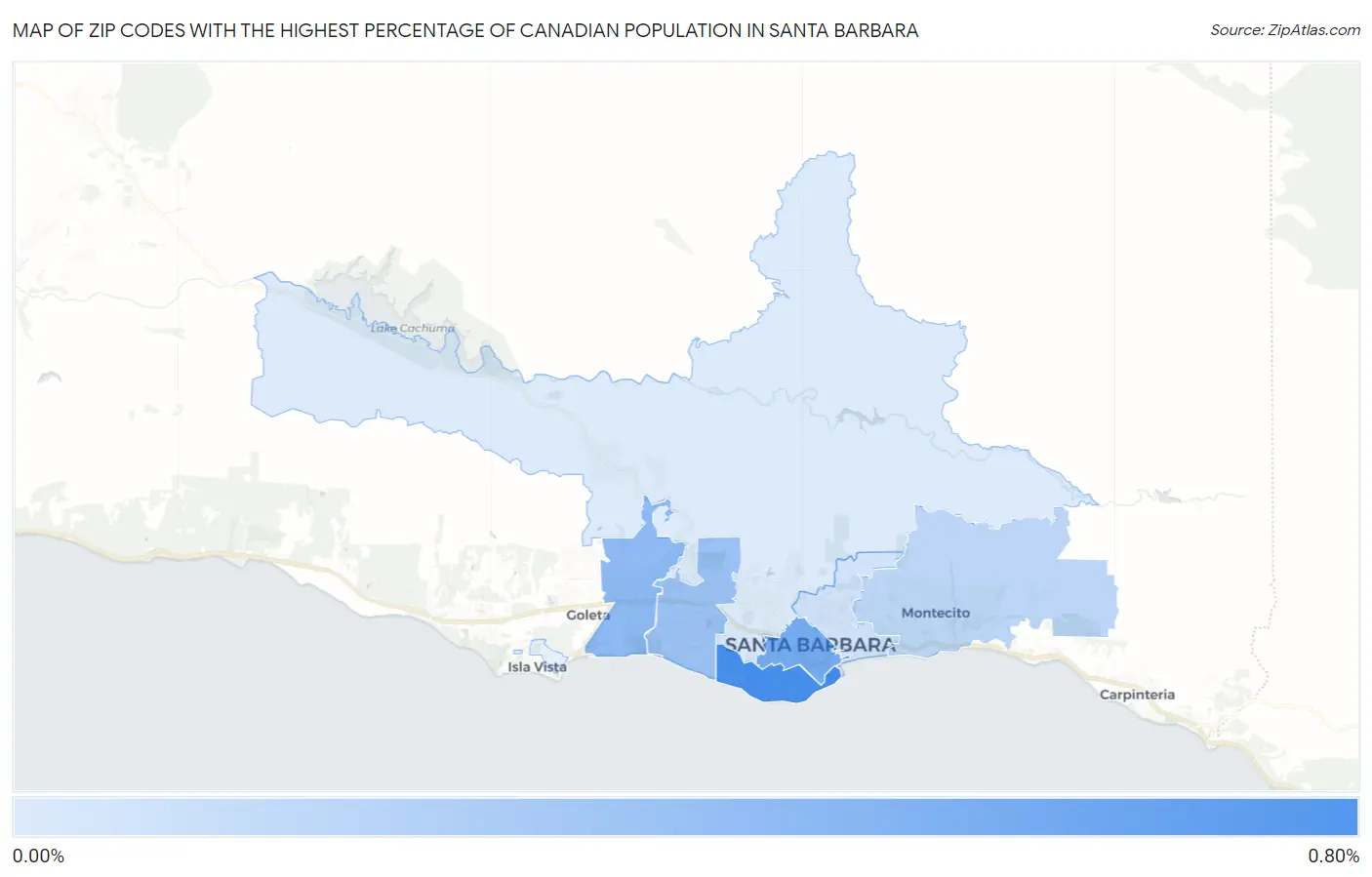 Zip Codes with the Highest Percentage of Canadian Population in Santa Barbara Map