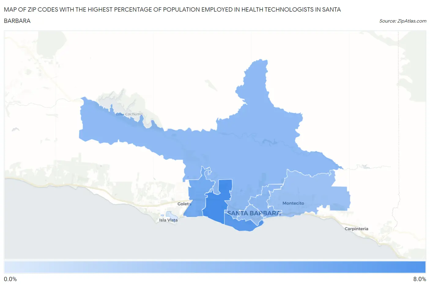 Zip Codes with the Highest Percentage of Population Employed in Health Technologists in Santa Barbara Map