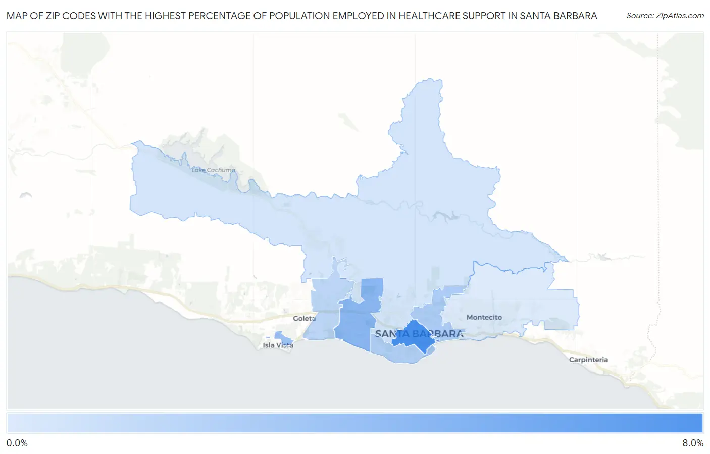 Zip Codes with the Highest Percentage of Population Employed in Healthcare Support in Santa Barbara Map