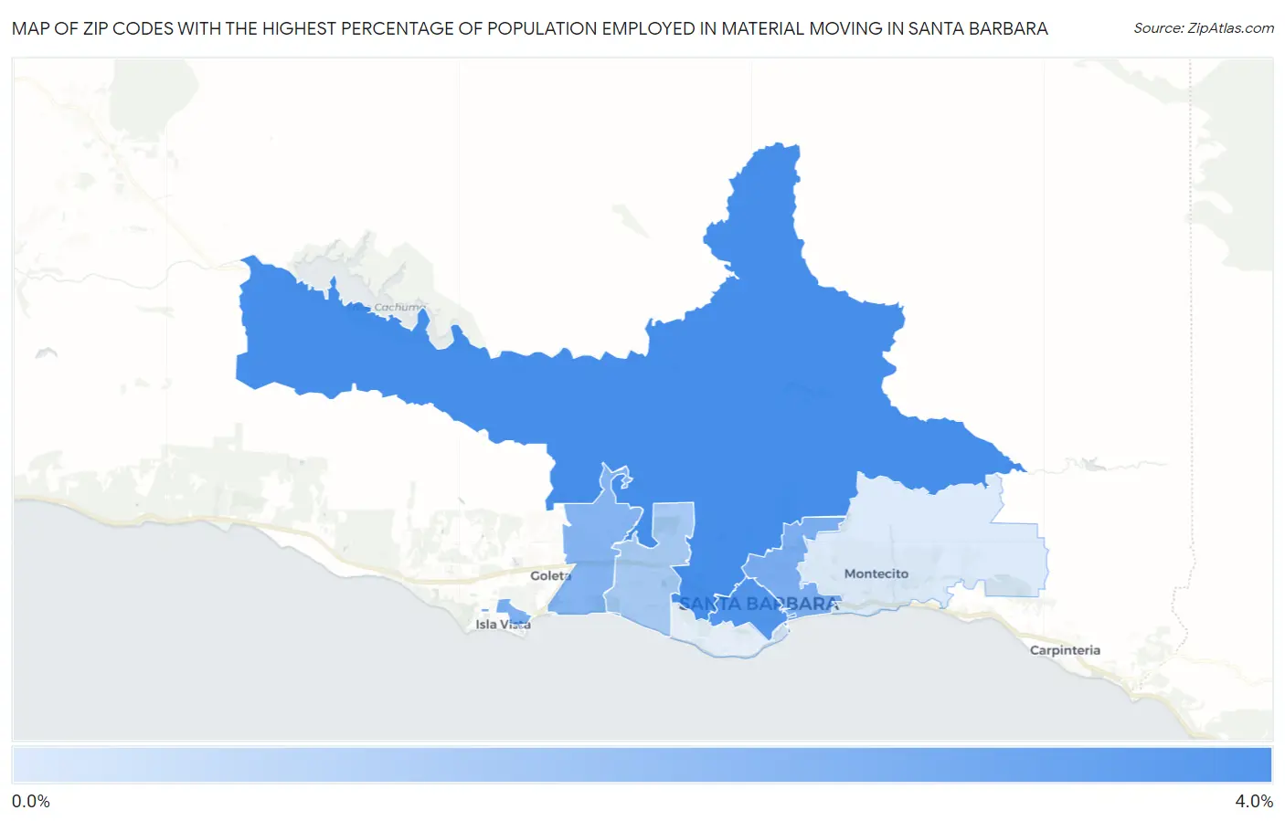 Zip Codes with the Highest Percentage of Population Employed in Material Moving in Santa Barbara Map