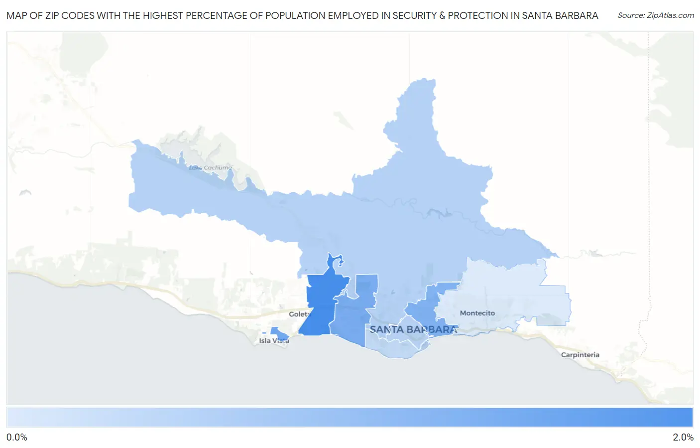Zip Codes with the Highest Percentage of Population Employed in Security & Protection in Santa Barbara Map