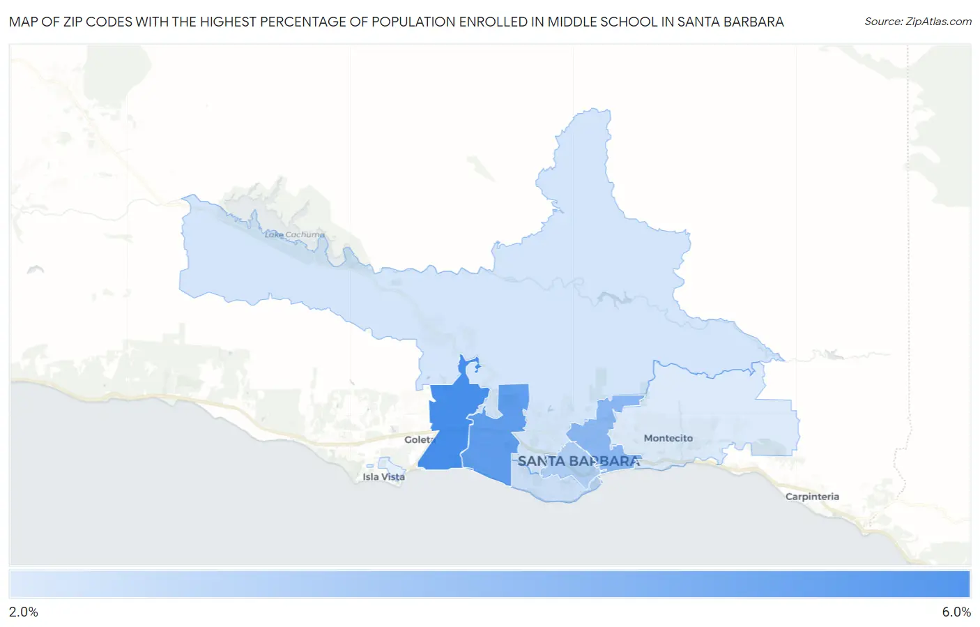 Zip Codes with the Highest Percentage of Population Enrolled in Middle School in Santa Barbara Map