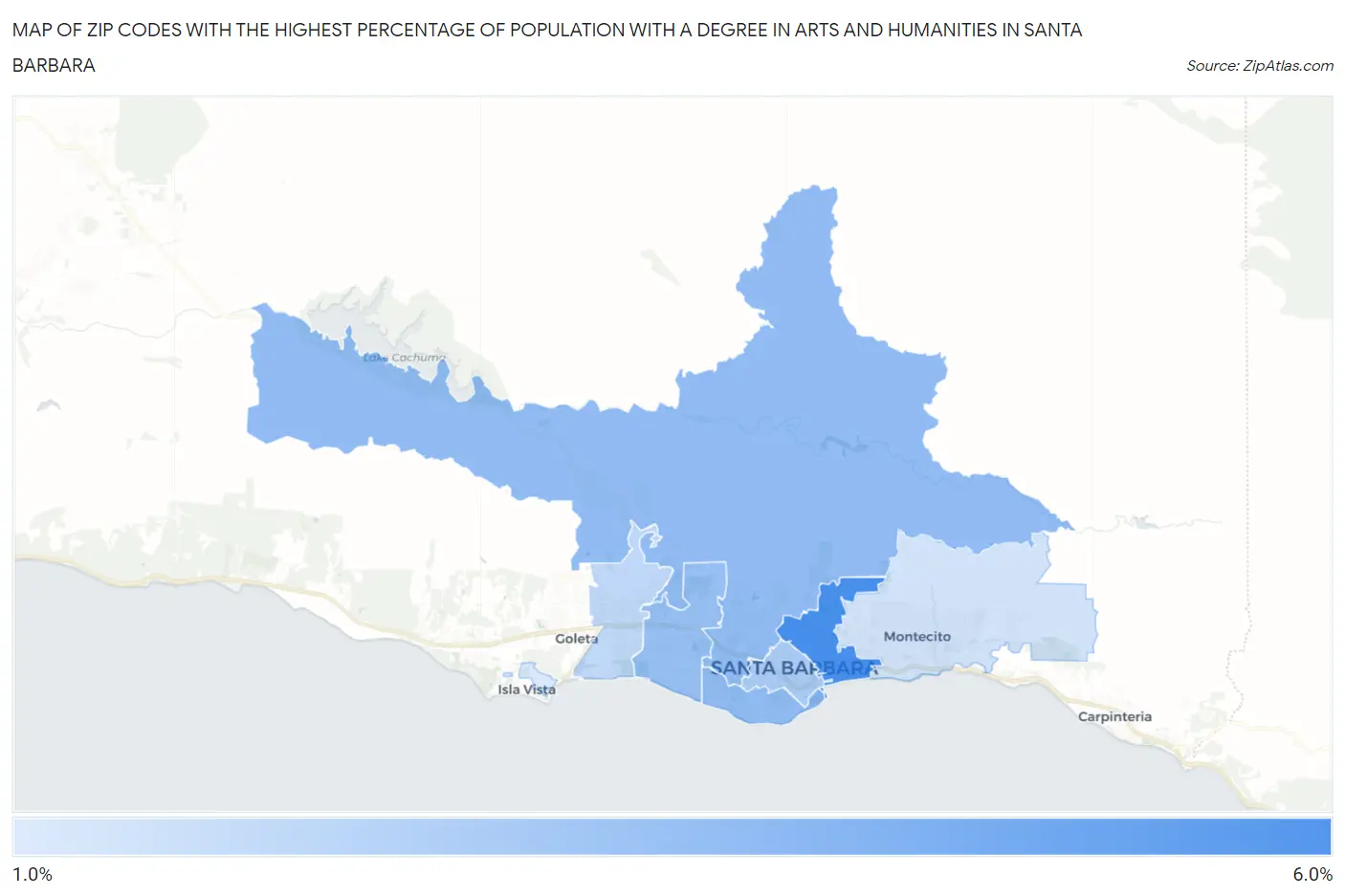 Zip Codes with the Highest Percentage of Population with a Degree in Arts and Humanities in Santa Barbara Map