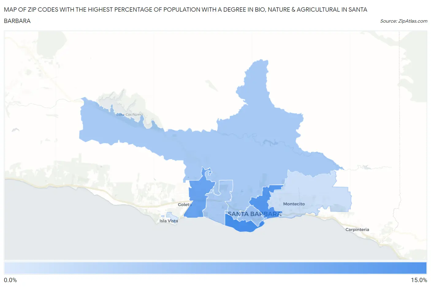 Zip Codes with the Highest Percentage of Population with a Degree in Bio, Nature & Agricultural in Santa Barbara Map