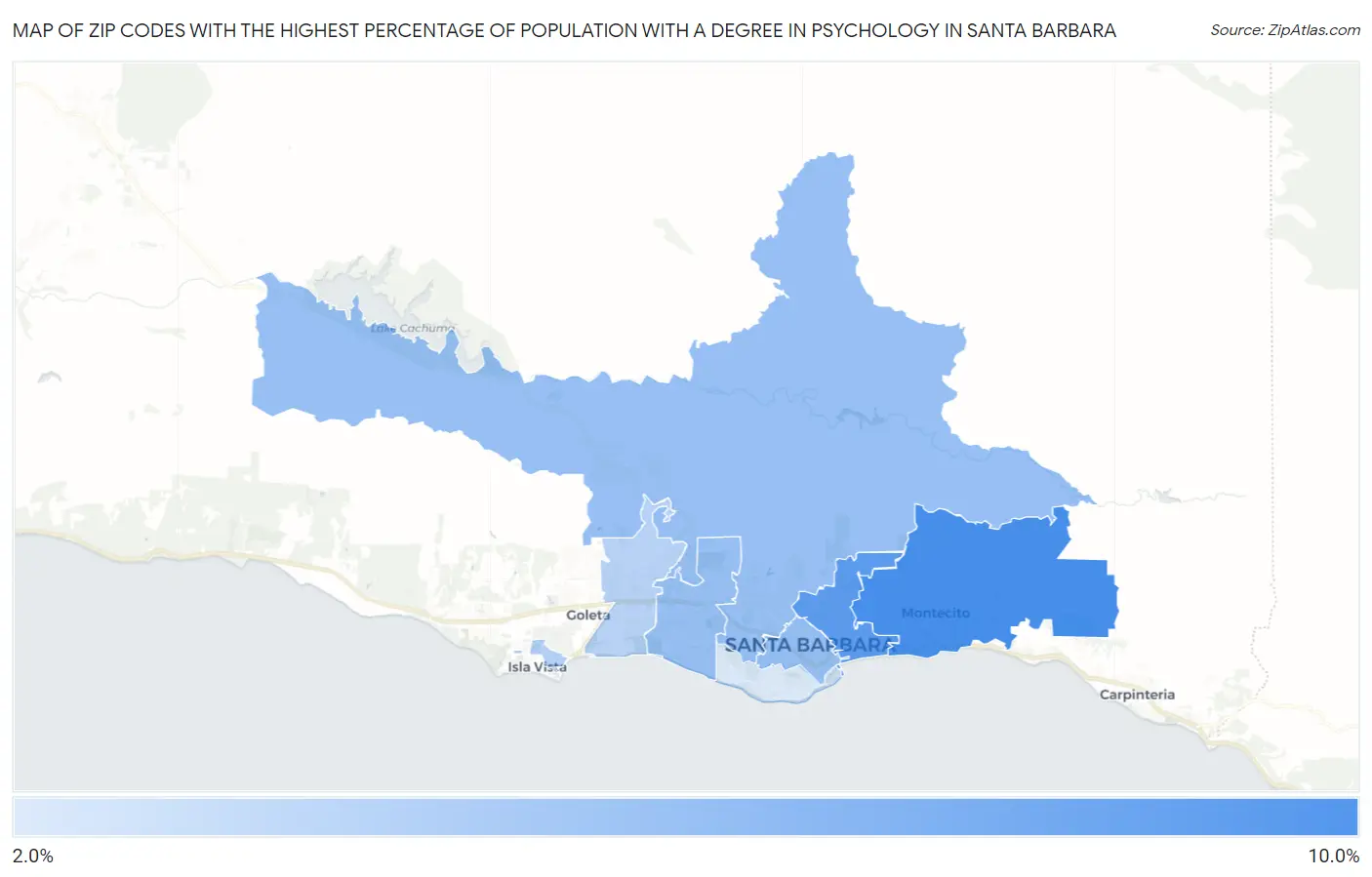 Zip Codes with the Highest Percentage of Population with a Degree in Psychology in Santa Barbara Map