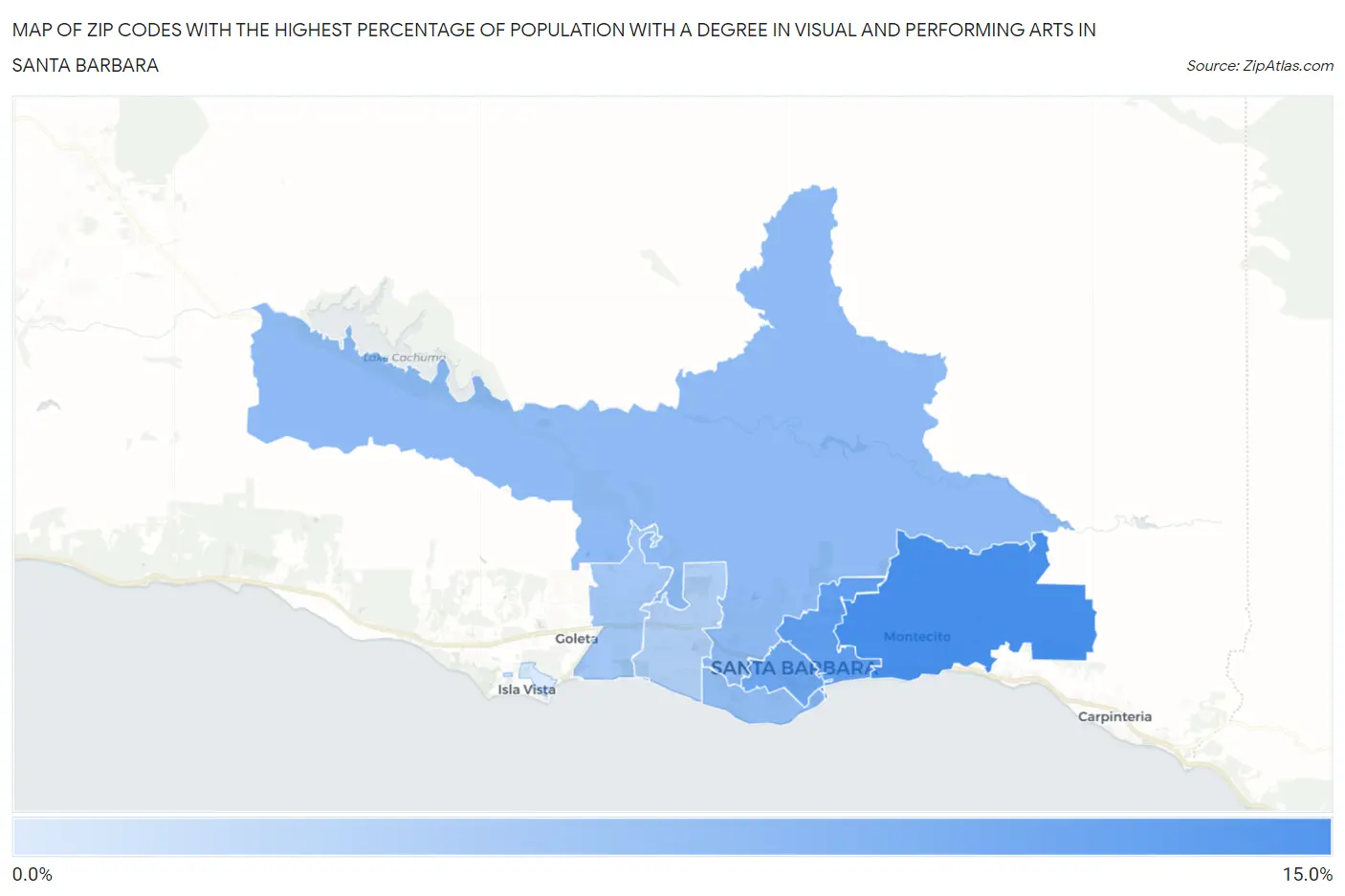 Zip Codes with the Highest Percentage of Population with a Degree in Visual and Performing Arts in Santa Barbara Map