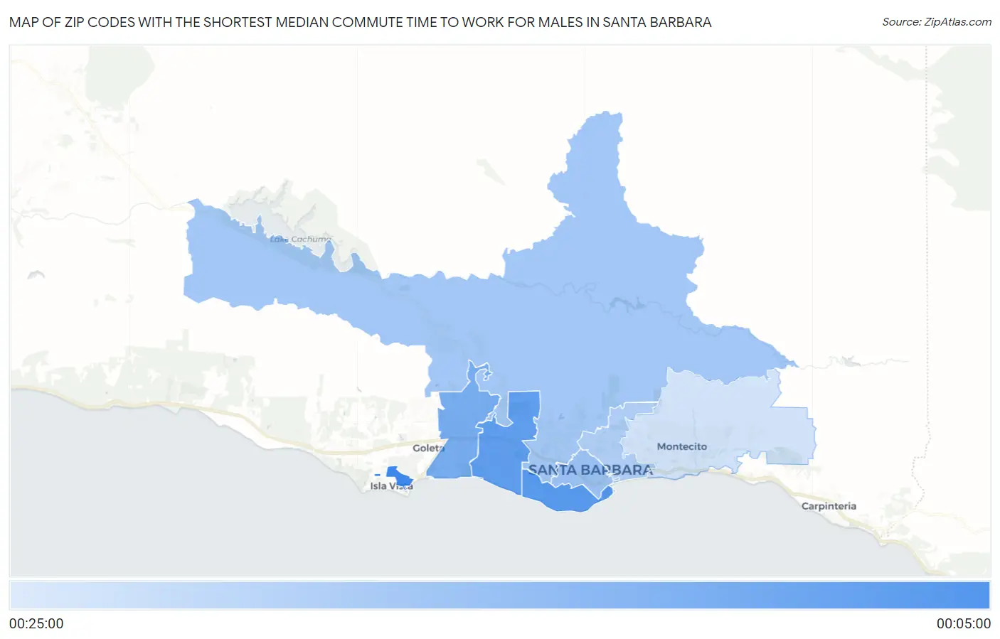 Zip Codes with the Shortest Median Commute Time to Work for Males in Santa Barbara Map