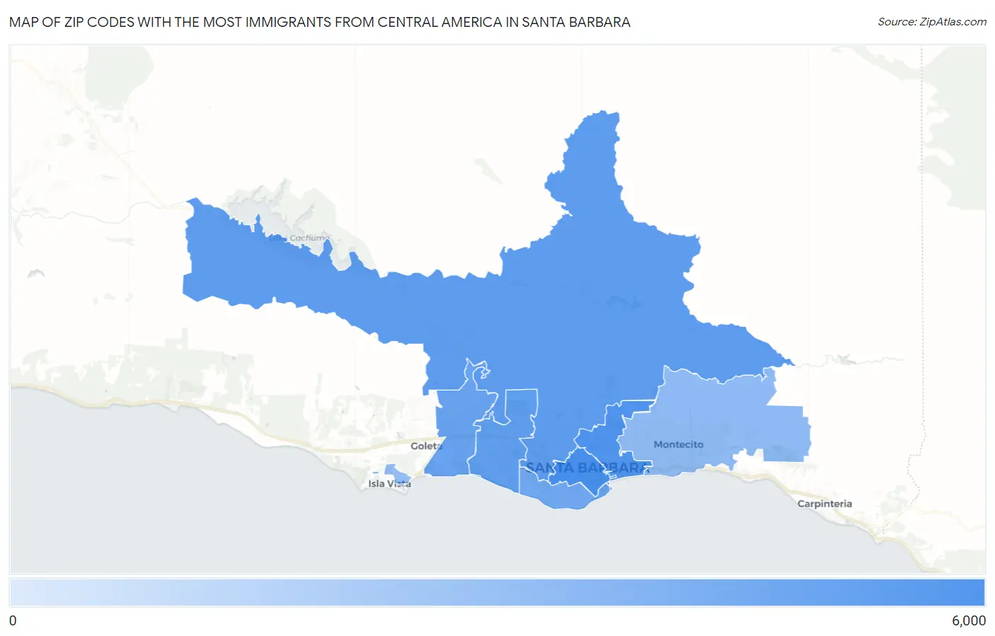 Zip Codes with the Most Immigrants from Central America in Santa Barbara Map