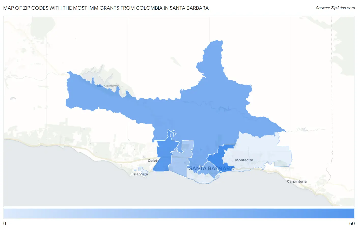 Zip Codes with the Most Immigrants from Colombia in Santa Barbara Map