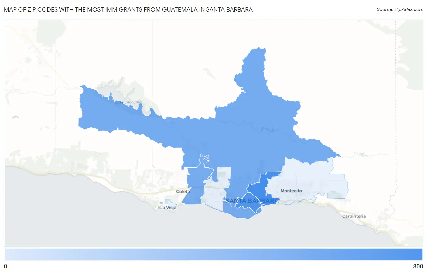 Zip Codes with the Most Immigrants from Guatemala in Santa Barbara Map