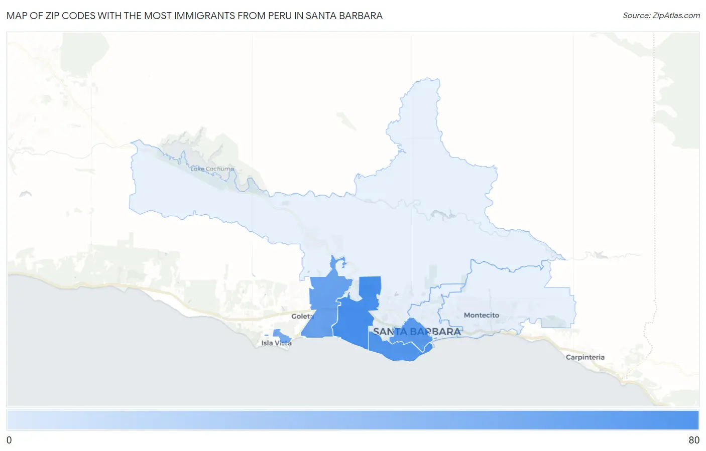Zip Codes with the Most Immigrants from Peru in Santa Barbara Map