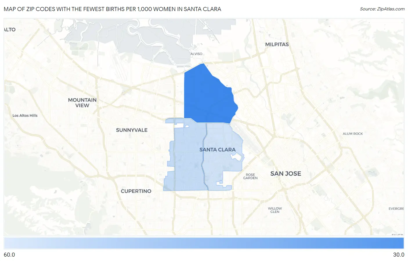 Zip Codes with the Fewest Births per 1,000 Women in Santa Clara Map