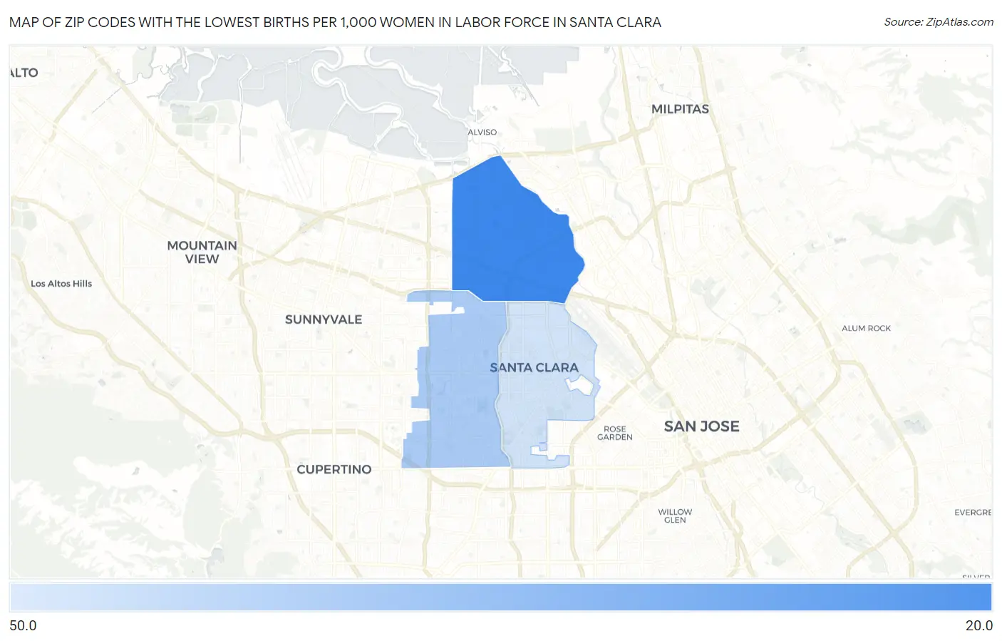 Zip Codes with the Lowest Births per 1,000 Women in Labor Force in Santa Clara Map