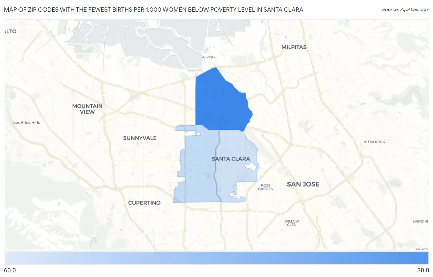 Zip Codes with the Fewest Births per 1,000 Women Below Poverty Level in Santa Clara Map