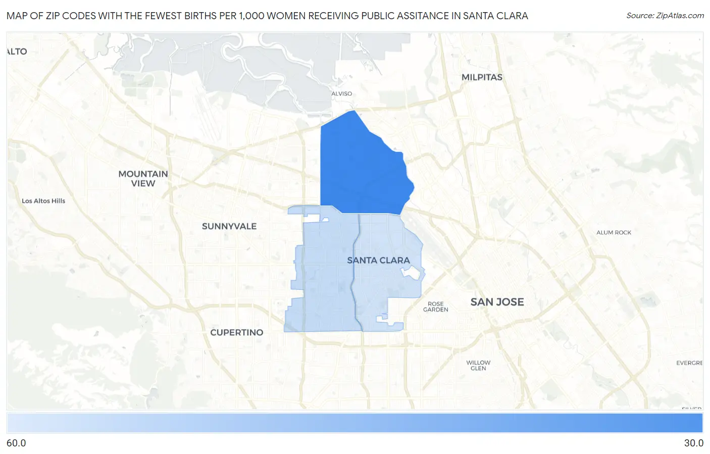 Zip Codes with the Fewest Births per 1,000 Women Receiving Public Assitance in Santa Clara Map