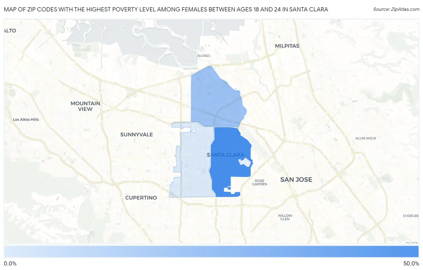 Zip Codes with the Highest Poverty Level Among Females Between Ages 18 and 24 in Santa Clara Map