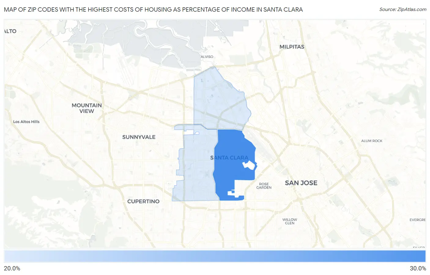 Zip Codes with the Highest Costs of Housing as Percentage of Income in Santa Clara Map