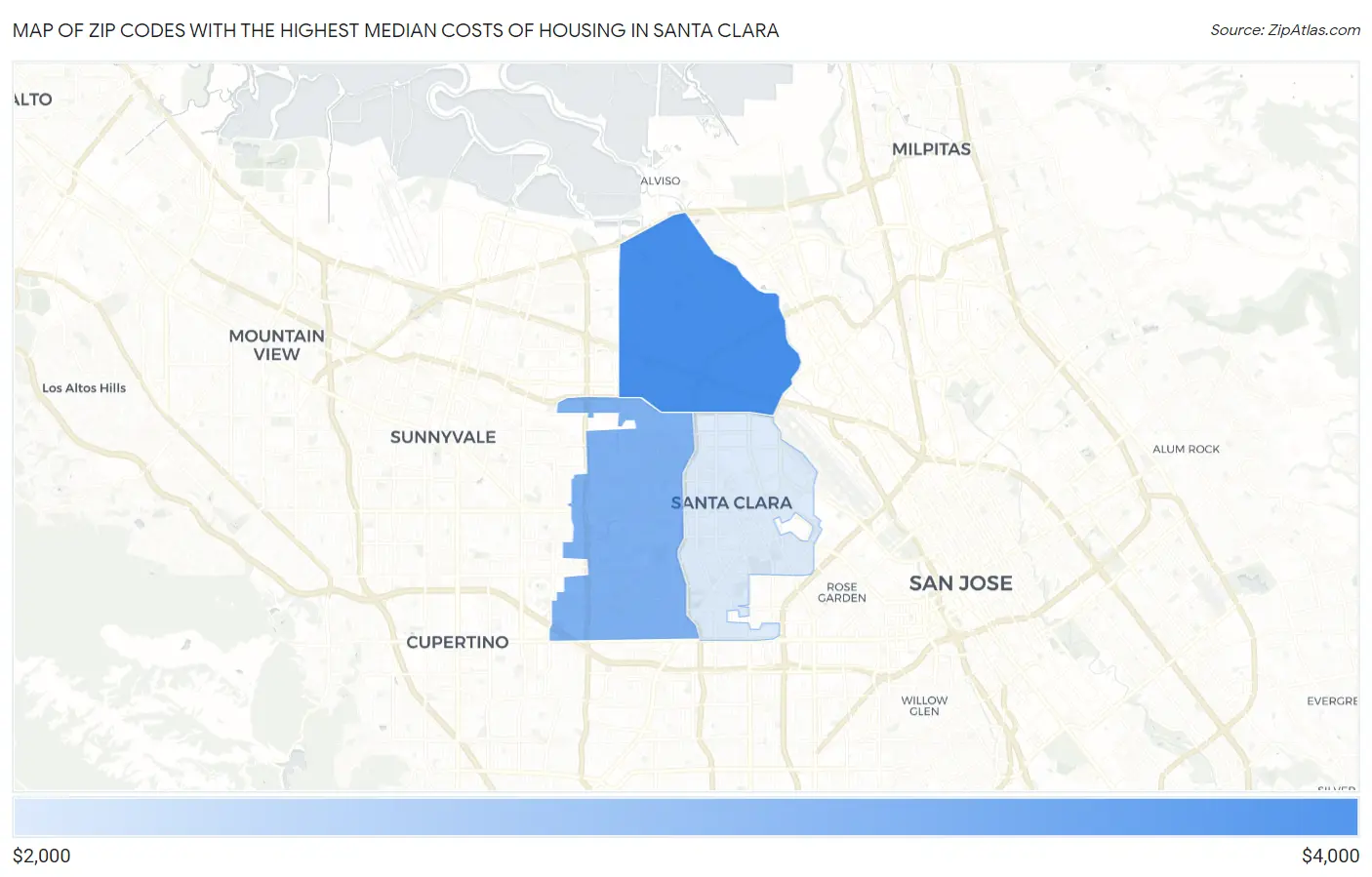 Zip Codes with the Highest Median Costs of Housing in Santa Clara Map
