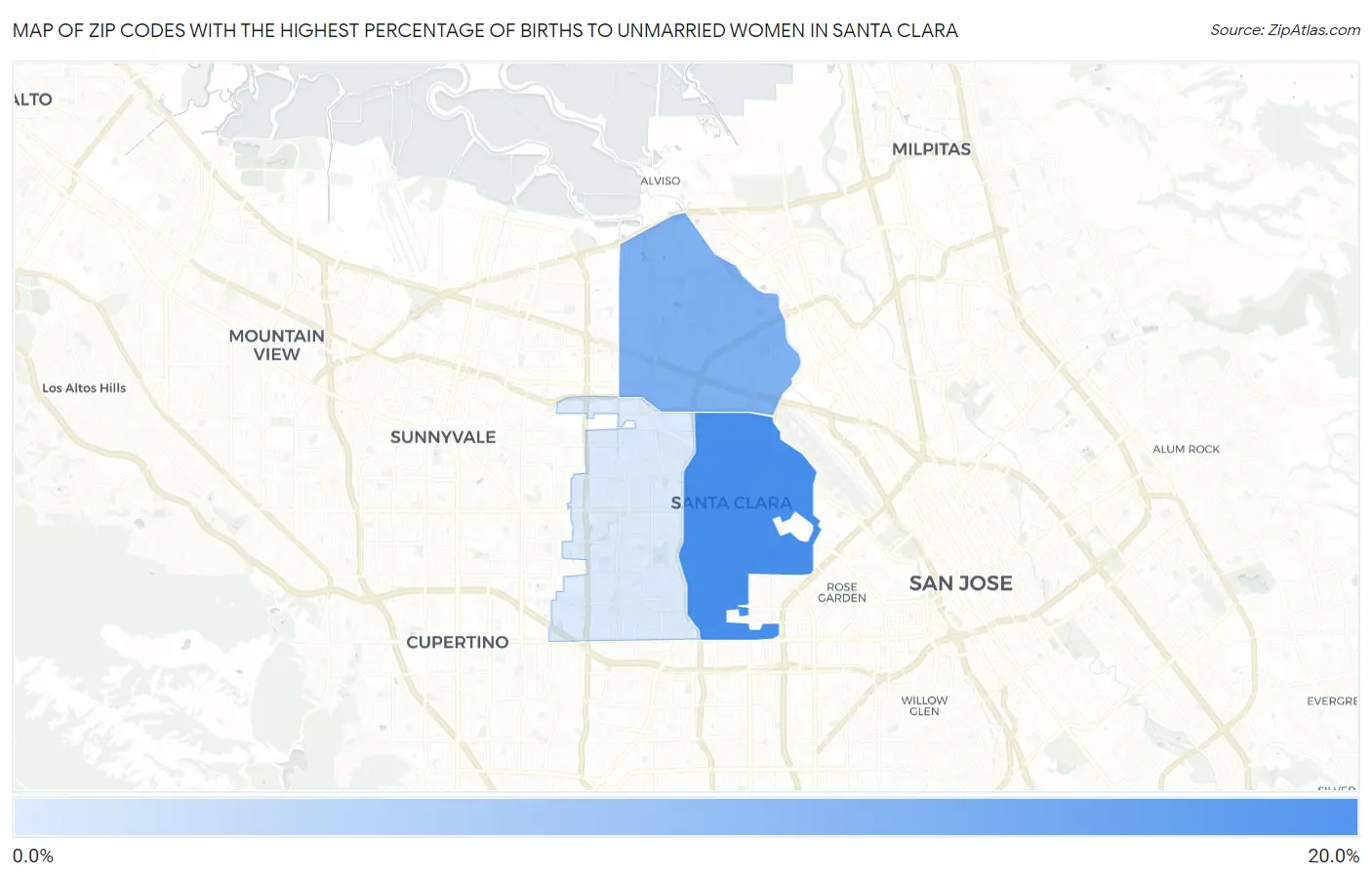 Zip Codes with the Highest Percentage of Births to Unmarried Women in Santa Clara Map