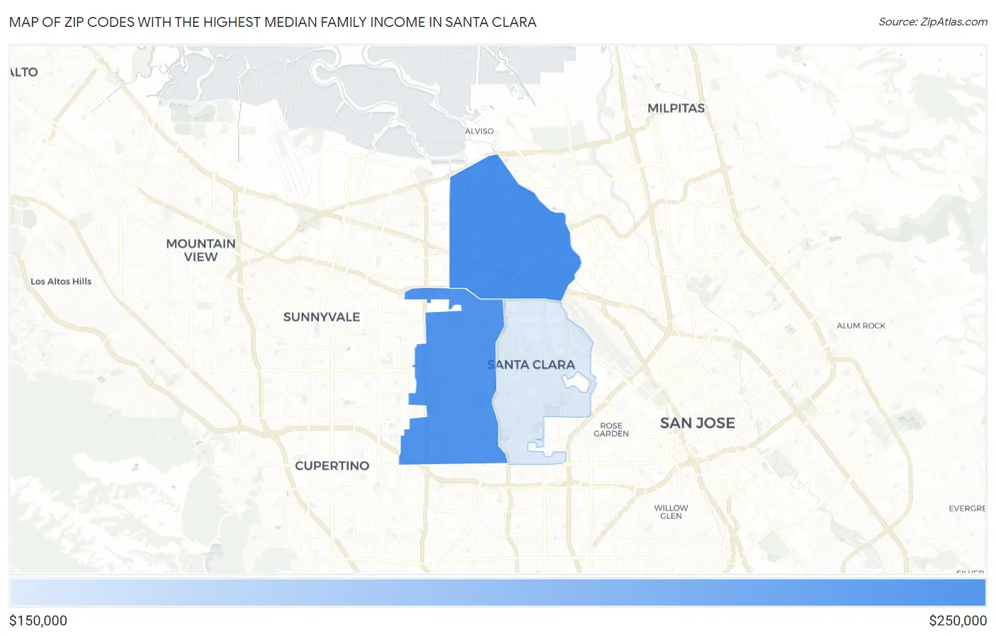 Zip Codes with the Highest Median Family Income in Santa Clara Map