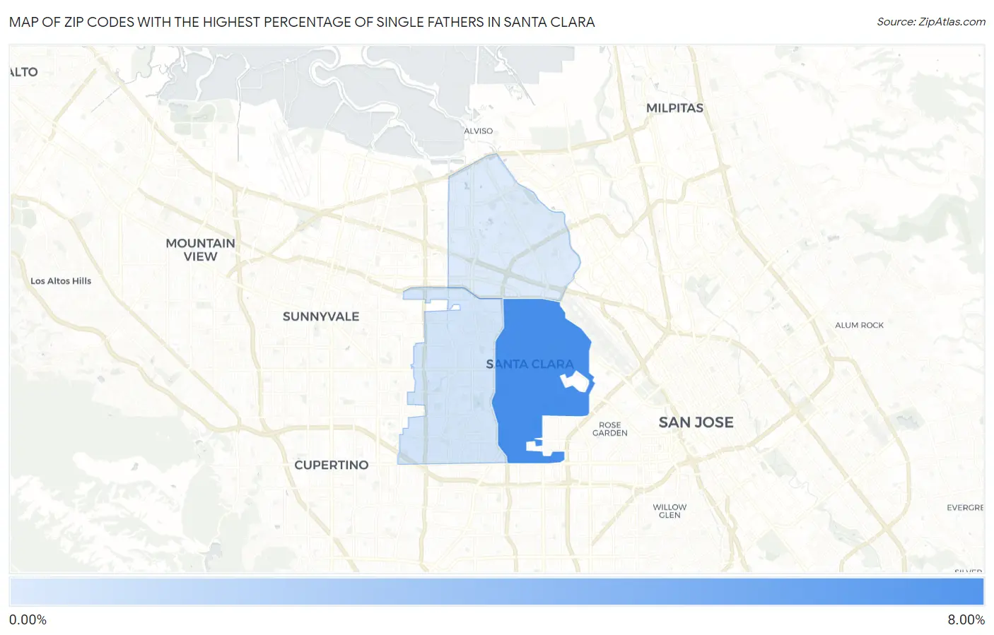 Zip Codes with the Highest Percentage of Single Fathers in Santa Clara Map