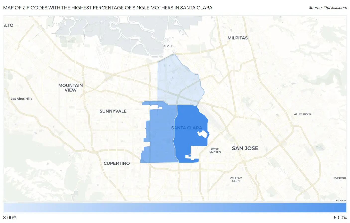 Zip Codes with the Highest Percentage of Single Mothers in Santa Clara Map